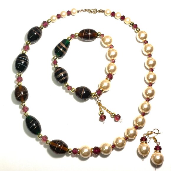 Murano Necklace Bracelet and Earrings in Brown with Pearls and Crystals - Picture 1 of 6